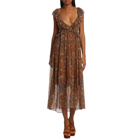 Hannah Artwear Dresses & Skirts - Hannah Artwear Dara Brown Medallion Print Chiffon Tie Back Midi Dress M